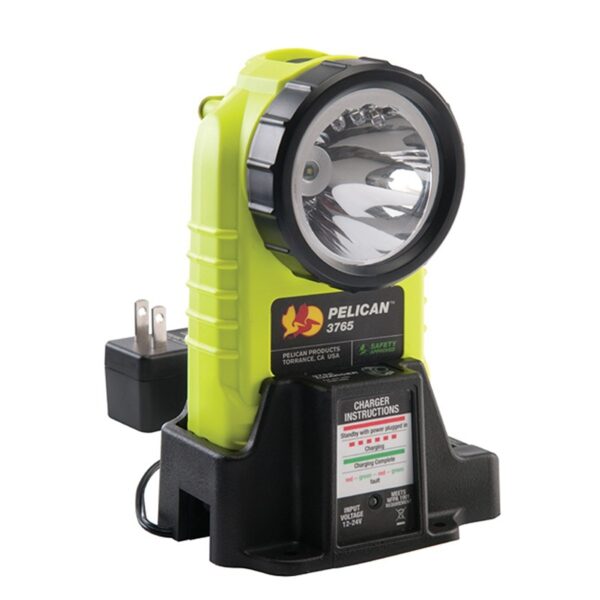 Pelican 3765 Gen 2 Right Angle LED Flashlight Yellow 237 Lumens Class I Div 1 NFPA 240V Charger 3765-071-245H