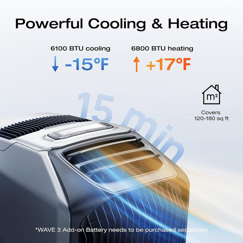 EcoFlow WAVE 3 Portable AC & Heater 6100 BTU Grey | Battery-Powered Camping RV Unit