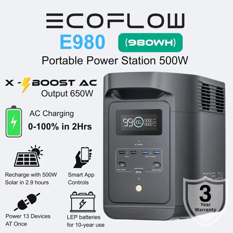 EcoFlow EF980 Portable Power Station 500W 980Wh | Fast-Charging LiFePO4 UPS Generator